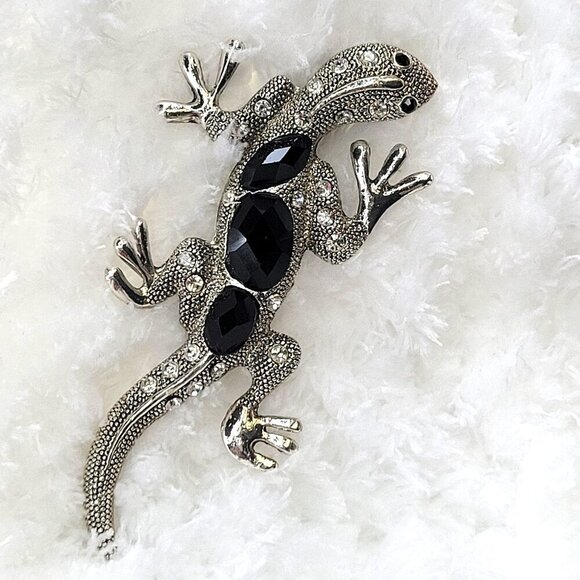 Silver Lizard Brooch Pin Rhinestone Gecko or Lizard Brooch Pin - Picture 1 of 14